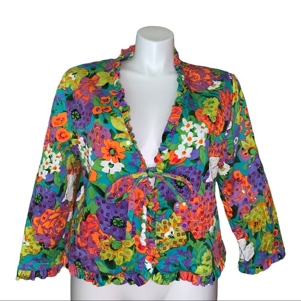 REDD Jeans Vintage Floral Sequin Jacket Women’s 16 Colorful Blazer Shoulder Pads